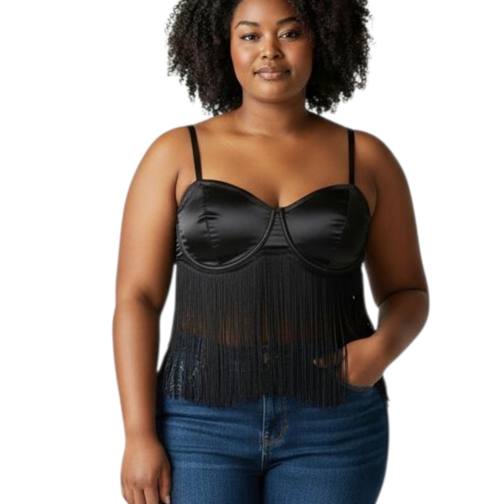 Club Exx Divine At Dusk Fringe Satin Crop Top Black Underwire Stretch Y2K XL NWT